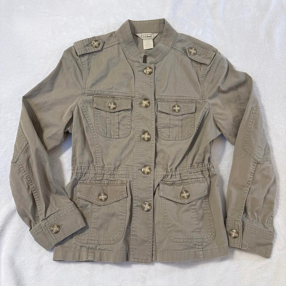 L.L.Bean Women's Utility Field Jacket Khaki Taupe 4 Pocket Cinch Waist Military